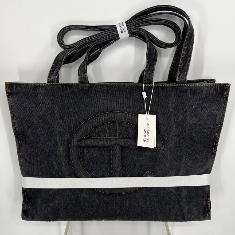 Telfar Large Black Denim Shopping Tote Crossbody Bag